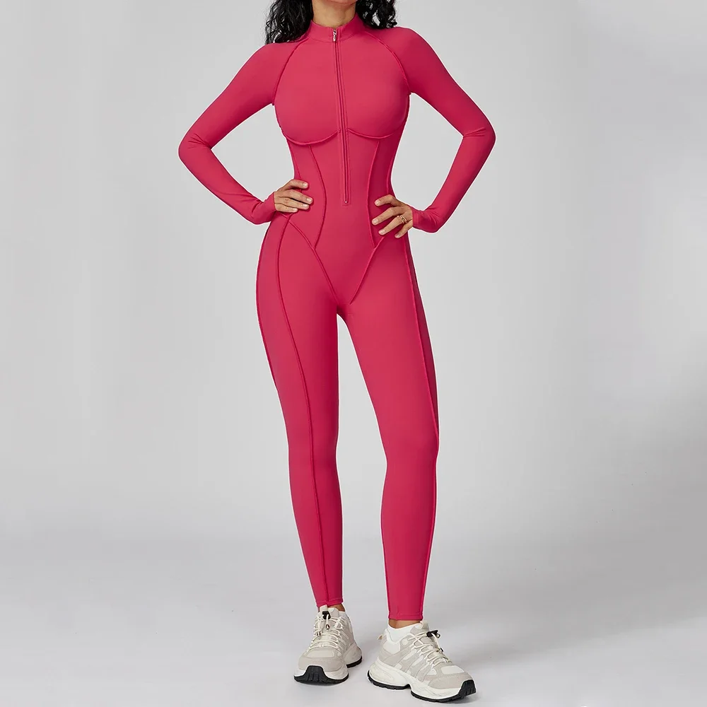 Baju Yoga Lengan Panjang Wanita, Baju Olahraga Gym dengan Ritsleting, Jumpsuit Olahraga, Pakaian Fitness Intensitas Tinggi, Baju Ketat Terusan