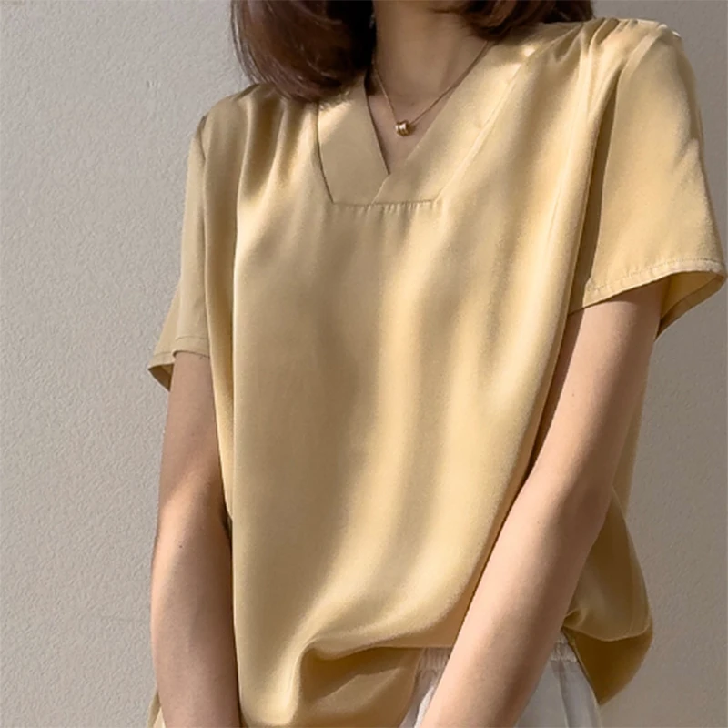 Women T-shirt 93% Mulberry Silk 7% Spandex 26 Momme Thick Type Short Sleeve V Neck Top Shirt Blouse Solid Color M L XL XXL M1147