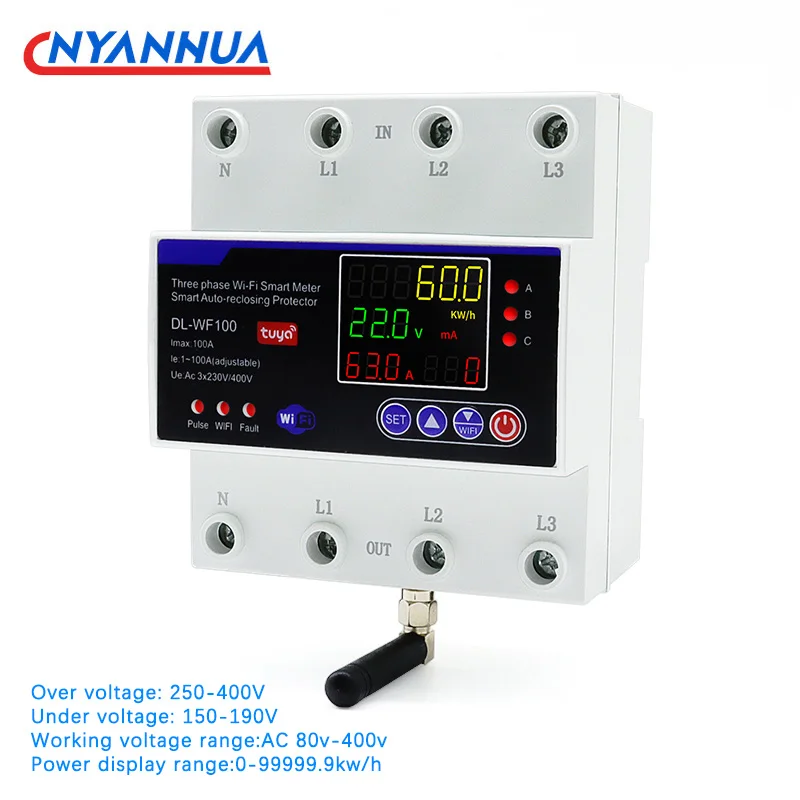 380V 100A Tuya WiFi Smart Bi-Directional Energy Power kWh Meter Auto-Reclosing Over Under Voltage Protector 3 Phase 4 Wire
