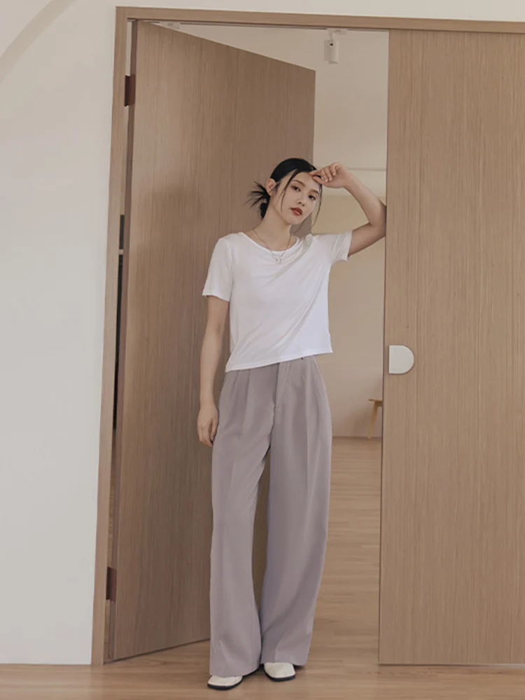 

Весенне-летний женский хлопковый трикотажный топ Queenop Lati, однотонный, с круглым вырезом, облегающий, чистого цвета