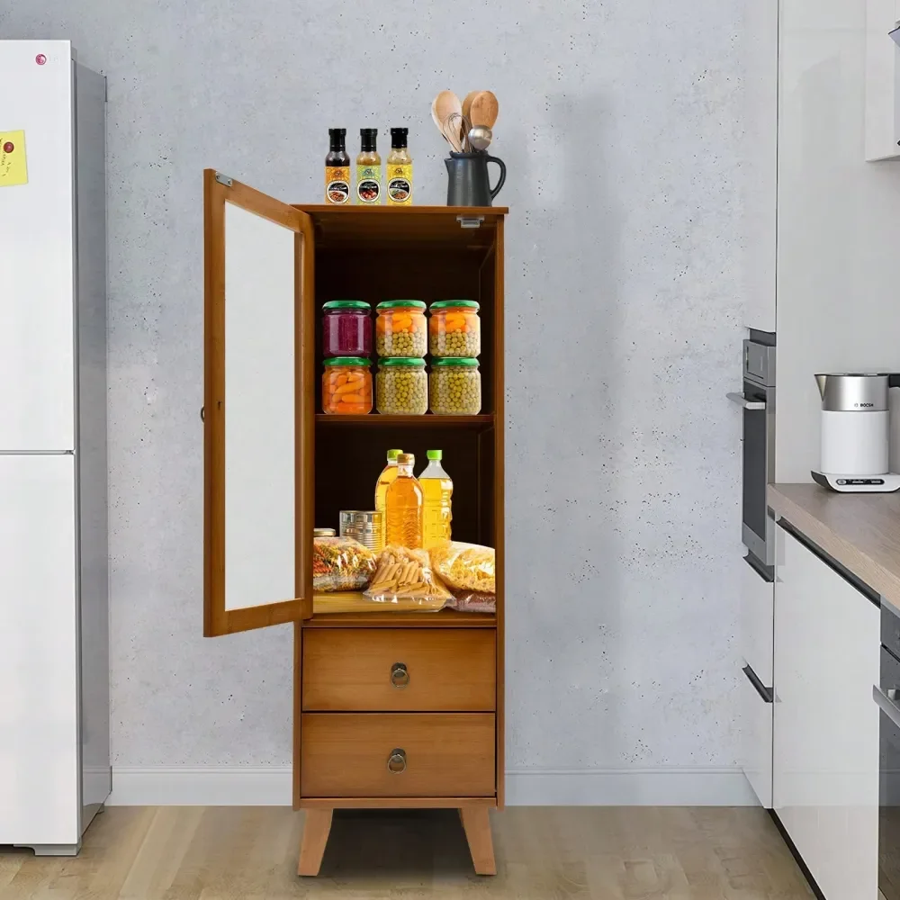 

85.5 97.5 Cm High Storage Cabinet With Door And 2 Drawers, Bamboo Wooden Floor Cabinet, Side Storage Organizer For Bathroom, Ki