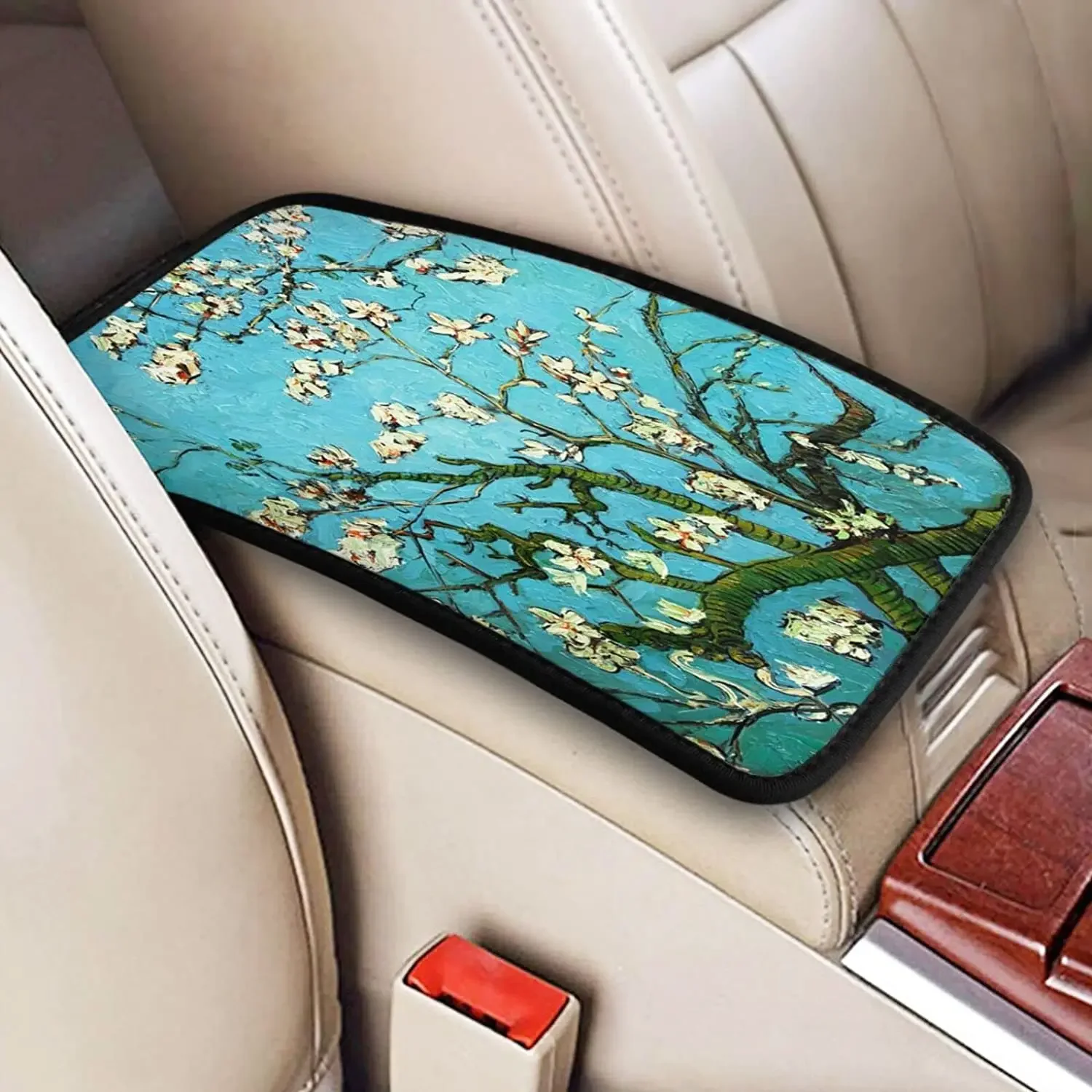 Auto Center Console Armrest Cover Pad, Van Gogh Bloom Flowers Universal Fit Car Armrest Cover Cushion Mat for Most Veh