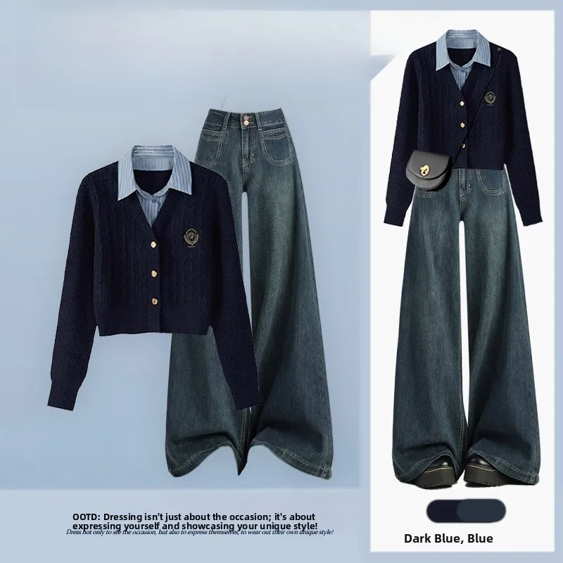 

Korean Sle Autumn Set Women's Agel Slimming Wide Leg Jeans High Waist Knitted Top Two Piece Set Casual Faion Ensemble