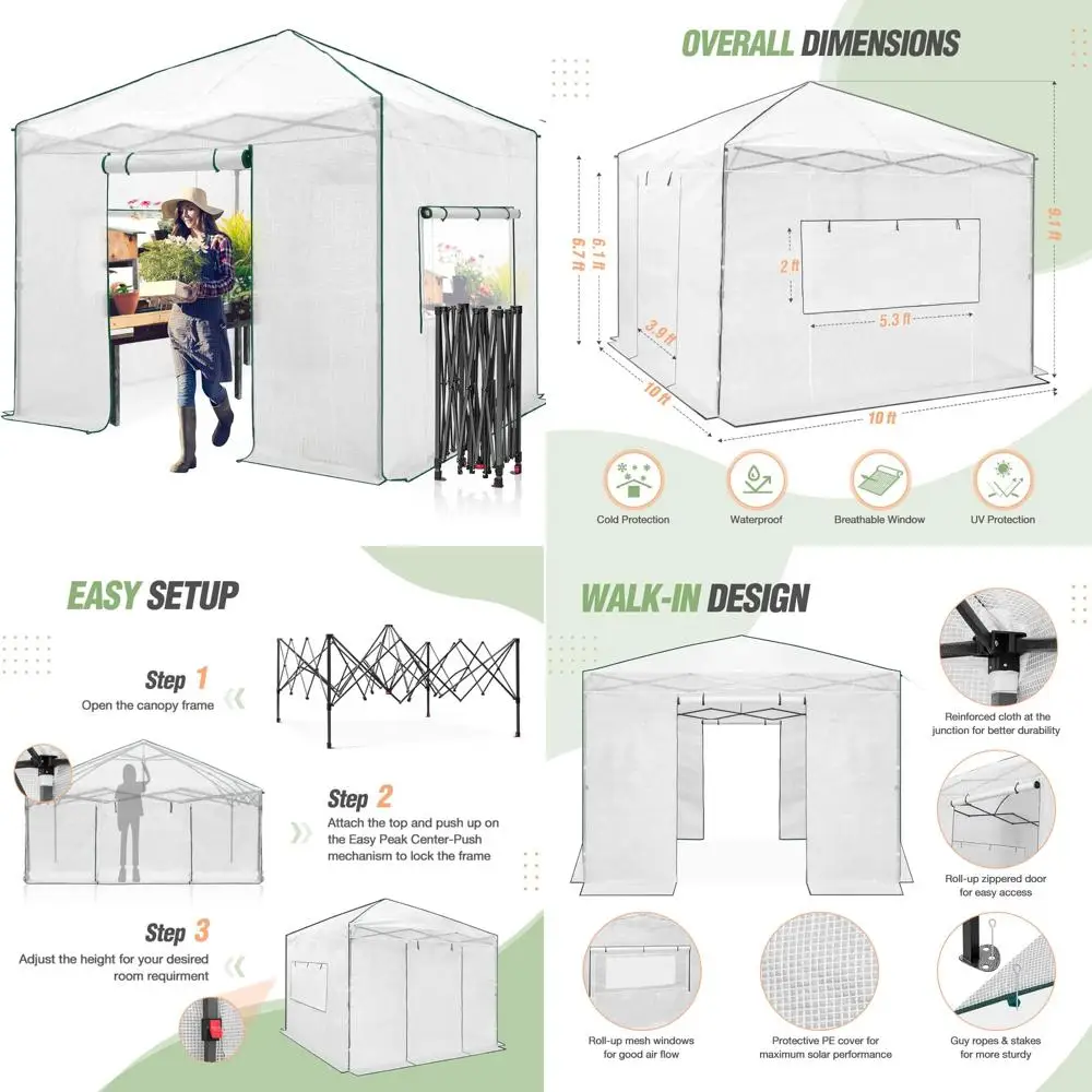 

Instant Pop-Up Greenhouse for Indoor and Outdoor Plant Gardening with Roll-Up Doors, Side Windows, and Walk-in Access