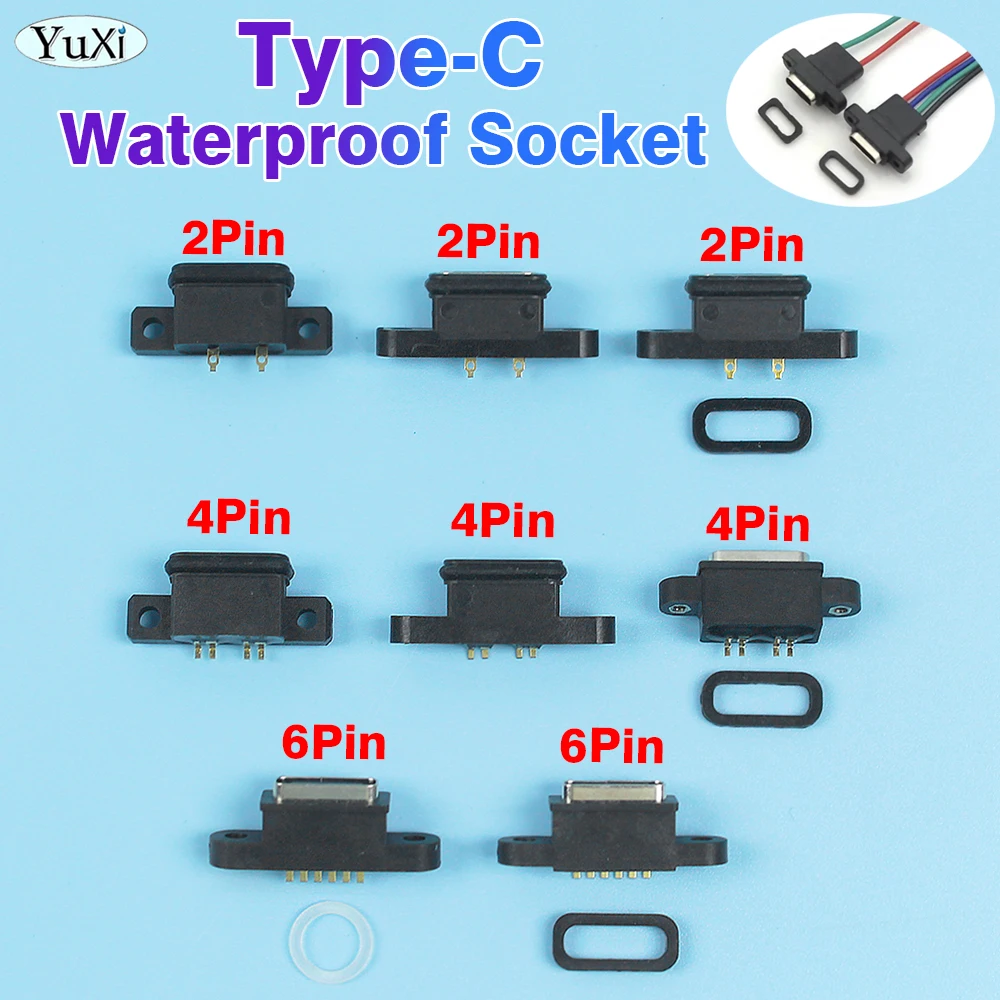 2Pcs Type-C USB Waterproof Female Connector With Screw Hole 2/4/6/Pin Fast Charging Power Jack Socket For DIY Charger Cable Port