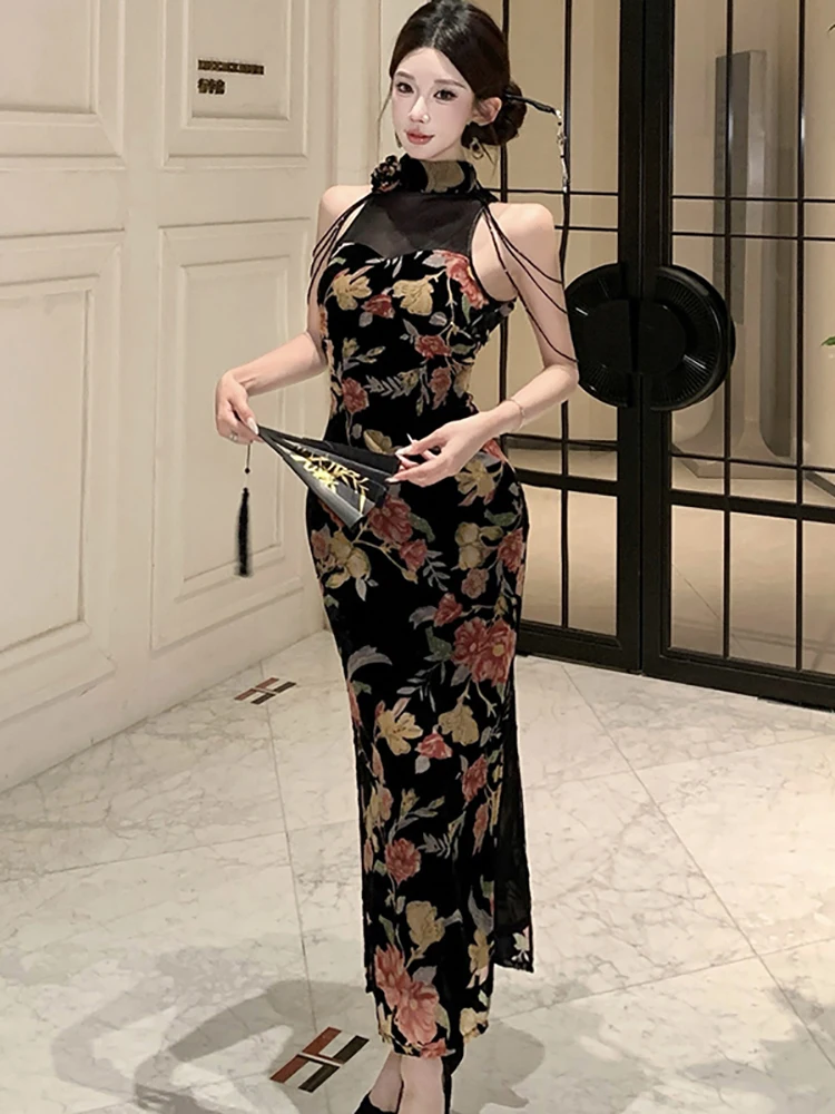 Abito da donna con scollo a rete patchwork in velluto floreale primavera autunno Abito da donna elegante di lusso Abito da sera aderente coreano 2025