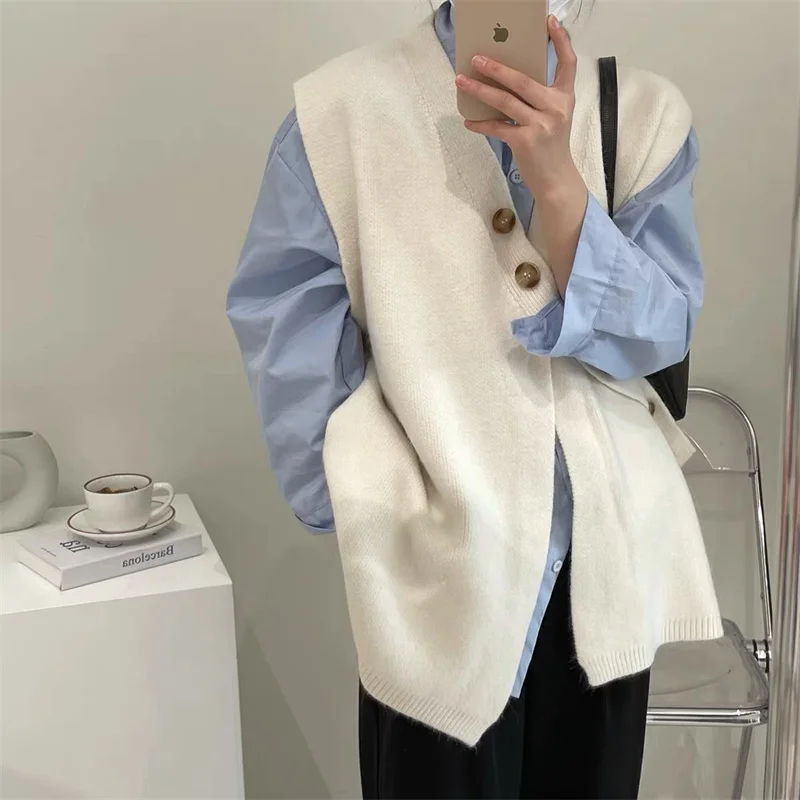 Elegant Fashion Sweater Vest Women New Irregular Button Design V-neck Korean Style Ladies Casual Solid Comfortable Loose Autumn