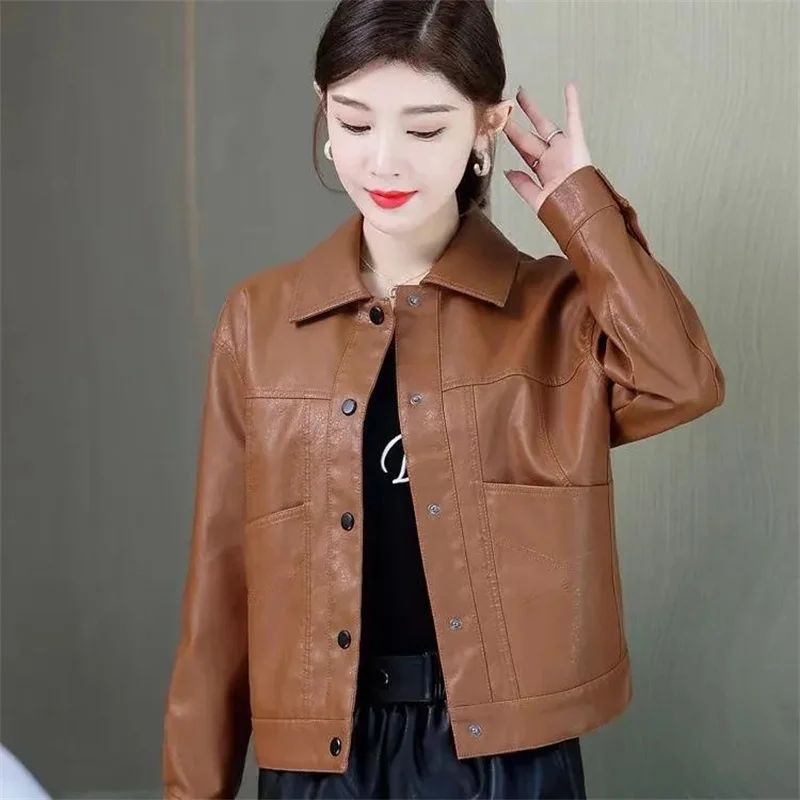 Women Jacket New in Coats Fashion Single-breasted Women's Short Leather Spring and Autumn Lapels Ladies Fashion Leather Coat