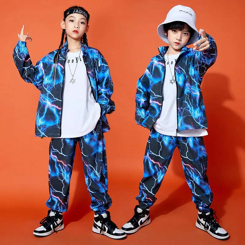 Kid Hip Hop Clothing Blue Lightning Windbreaker Zip Up Jacket Casual Jogger Pants for Girl Boy Jazz Dance Costume Clothes Set