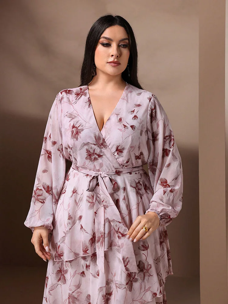 TOLEEN-Vestido largo informal con estampado Floral para mujer, traje Formal elegante de talla grande con cuello en V y cinturón, manga larga, novedad de 2024