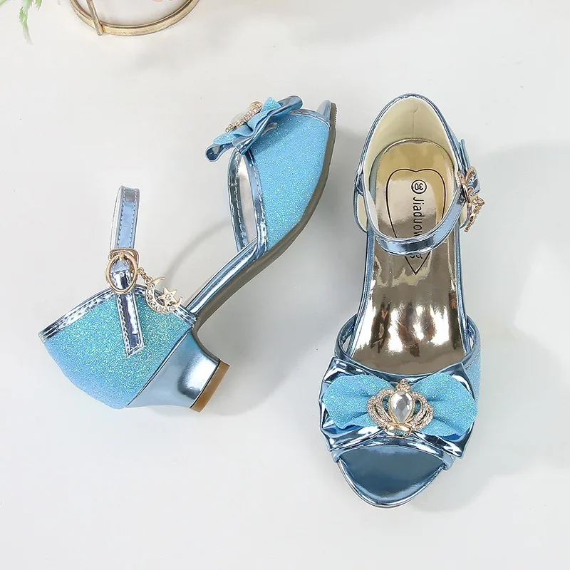 Chaussures de princesse élégantes avec nœud papillon couronne pour filles, sandales de fête de mariage pour enfants, chaussures à paillettes pour enfants, talons polyvalents, mode douce