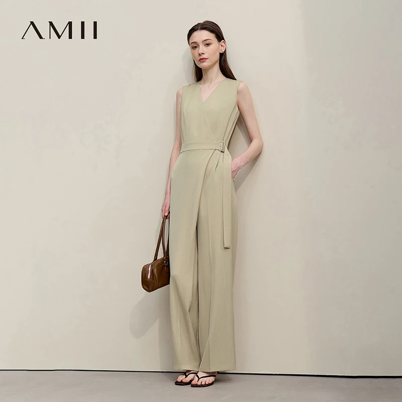 

Amii Women's Sleeveless Jumpsuit 2026 Summer New V Neck With Belted Wide Leg Romper Office Casual Long Pants For Women 12642036