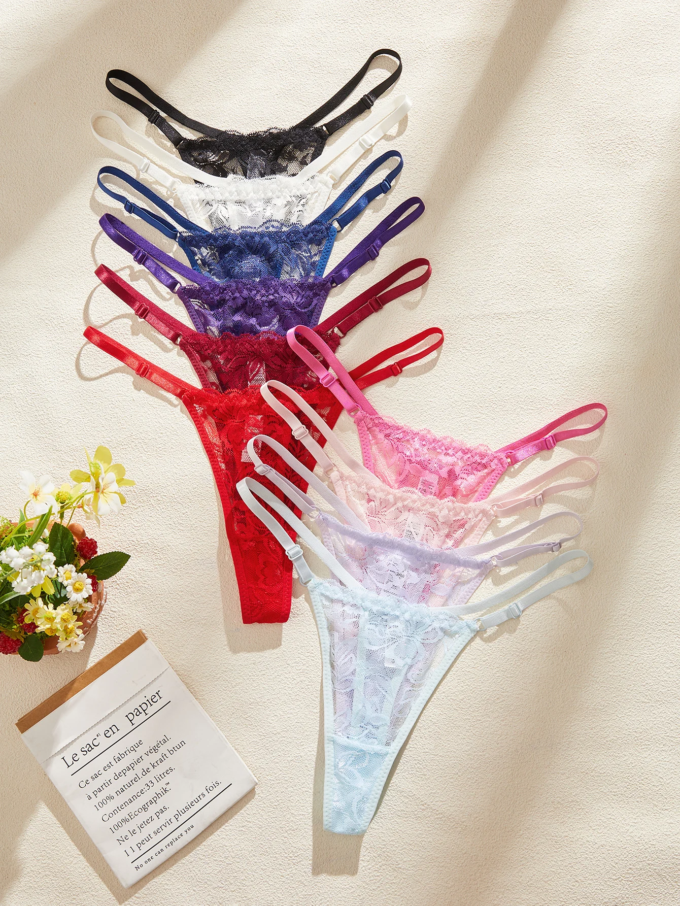 10-Pack Sexy Transparent Lace Low-Rise Women's Thongs with Adjustable Waistband and Thin Straps Lingerie Underwear