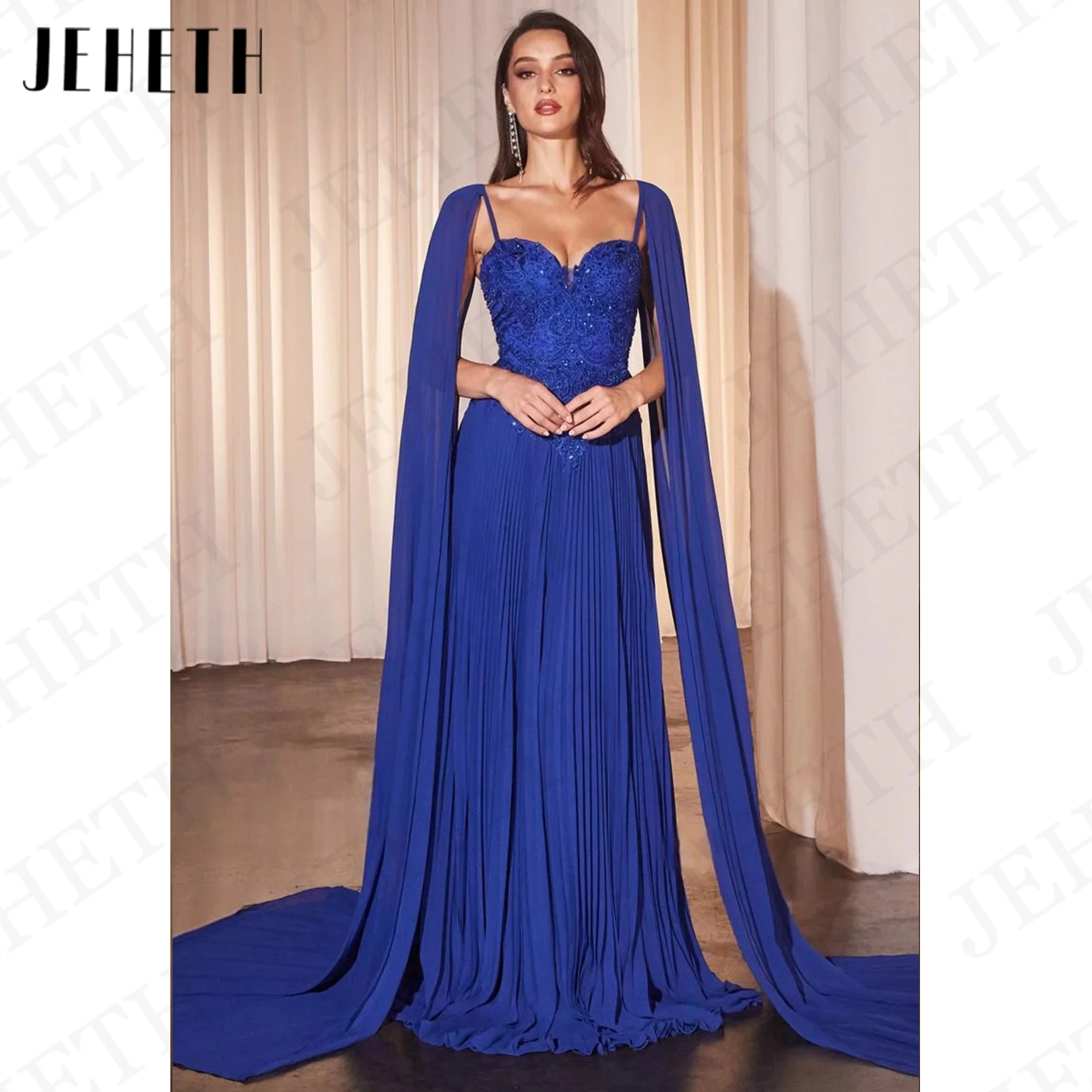 

JEHETH Chiffon Dubai Luxury Evening Dress 2024 With Cape Sleeve vestidos de noche Lace Appliques A Line Formal Occasion Dresses