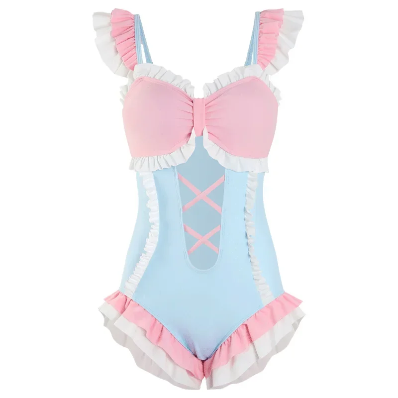 Candy Girls Lolita Ruffle Swimsuit Ladies Monokini One Piece Pink and Blue Patchwork Swimwear Cute Maid Uniform Bathing Suit