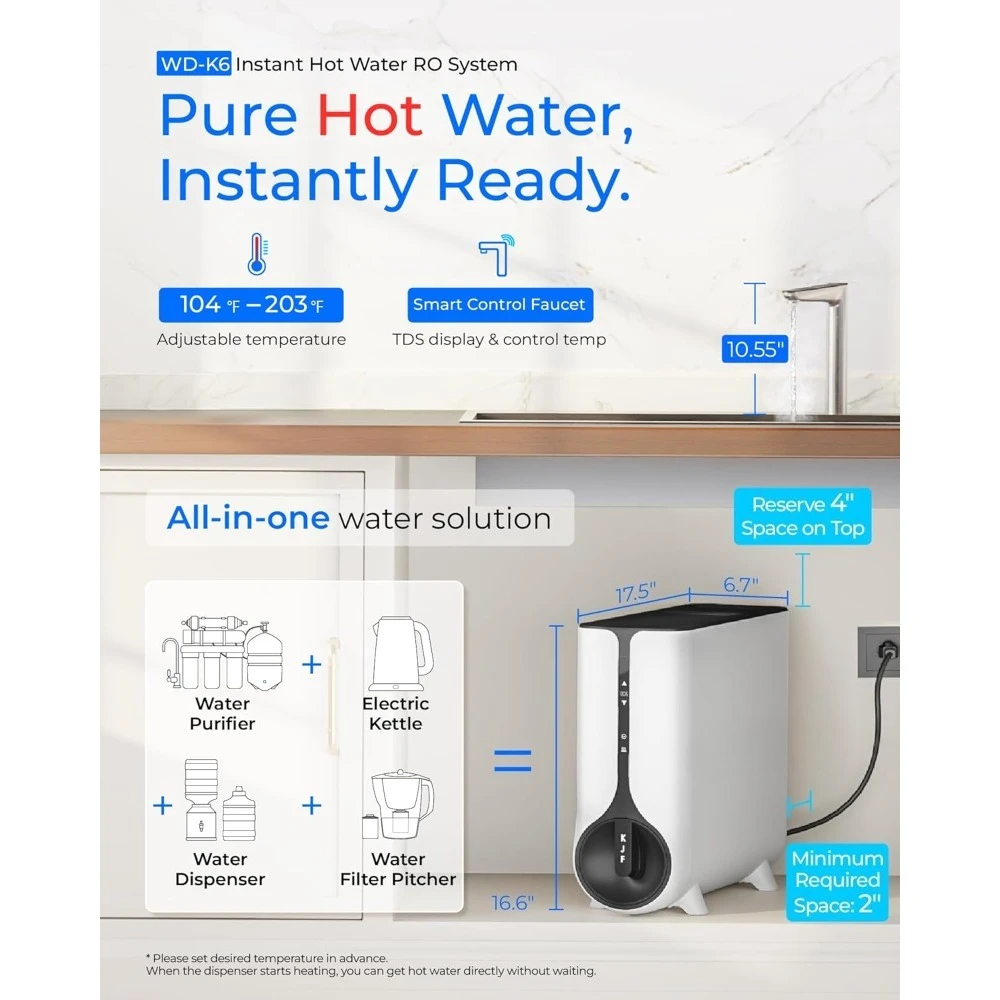 US Shipping Reverse Osmosis Water Filter System 600 GPD Tankless Under Sink with Instant Hot and Cold Water Dispenser Smart
