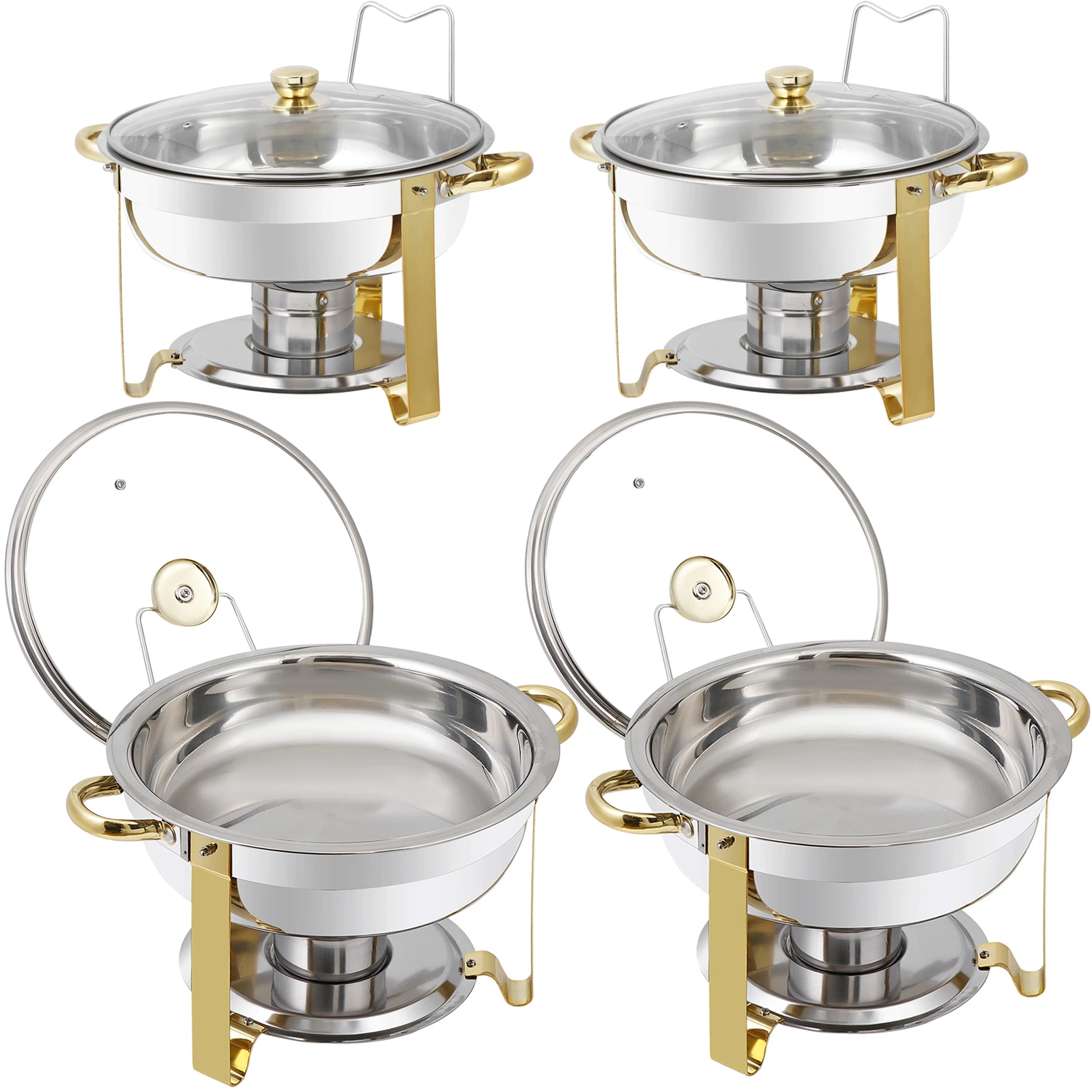 

4 Pack 5Qt Stainless Steel Round Chafing Dishes Buffet Set Gold&Silver Color