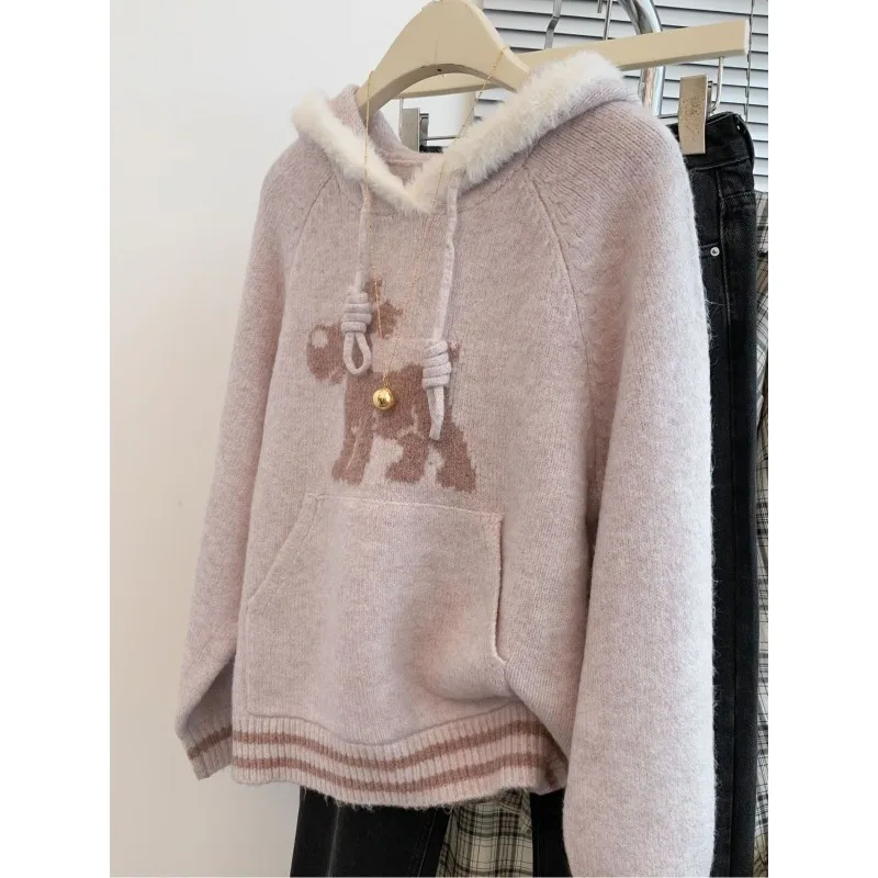 Pink Knitted Hooded Pullover Knitted Sweater for Women Autumn Winter Loose Thickened High-end Hooded Sweatshirt for Outer Wear