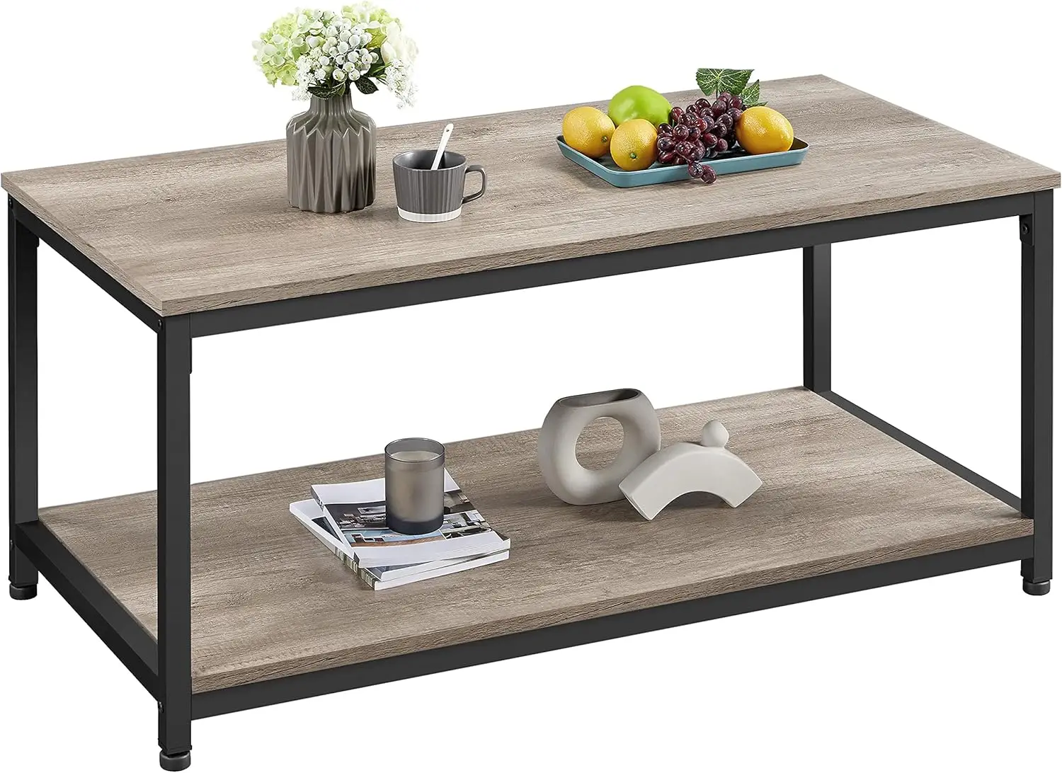 

39.5" Industrial 2-Tier Coffee Table with Storage Shelf, Easy Assembly Wooden Table for Living Room, Gray