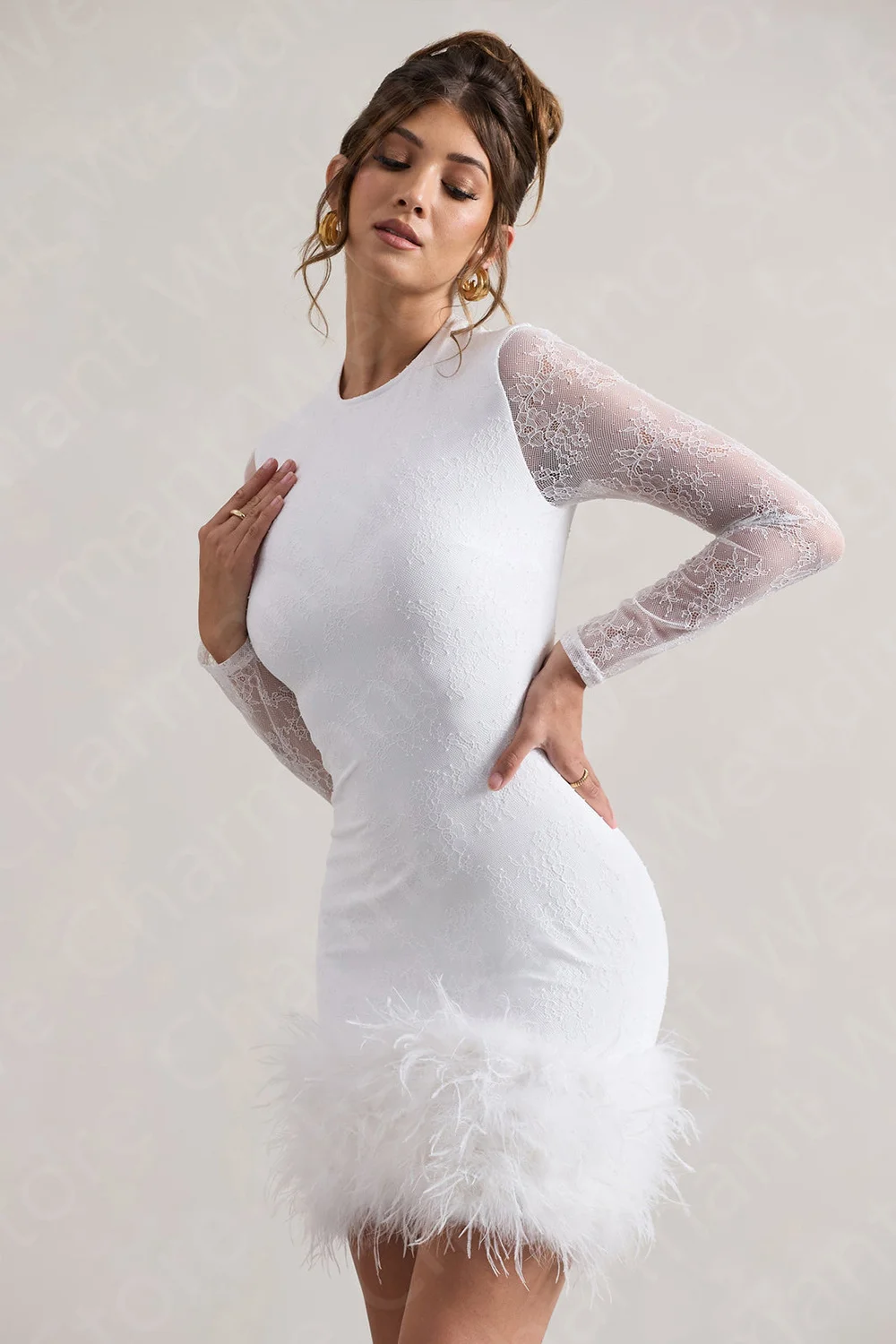 Classic New White Homecoming Dresses Mini Length Cocktail Party Dresses Long Sleeves Feathers Wedding Guest Gowns Lace Short