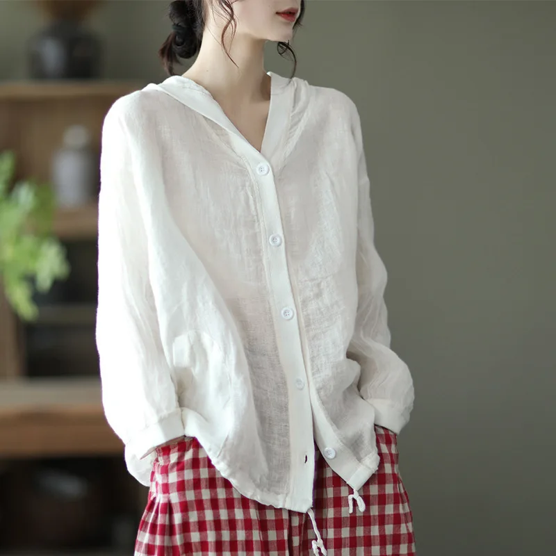 Cotton and Linen Retro Top Women's 2025 Summer and Autumn Loose Hooded Long-sleeved Cardigan