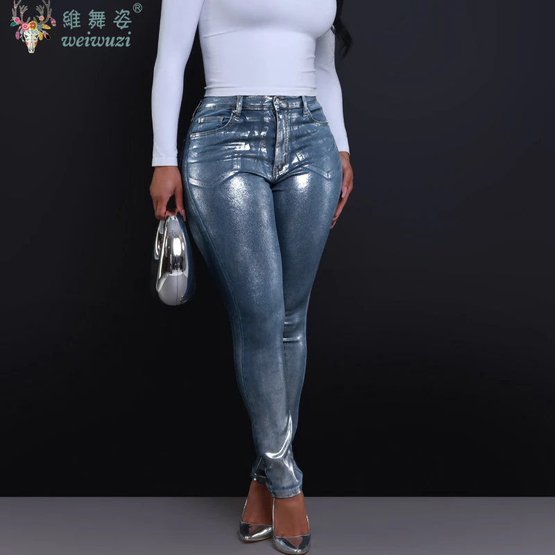 

Женские джинсы из серебряной ткани, узкие эластичные джинсовые брюки, брюки-карандаш с высокой талией для девочек, модная уличная одежда