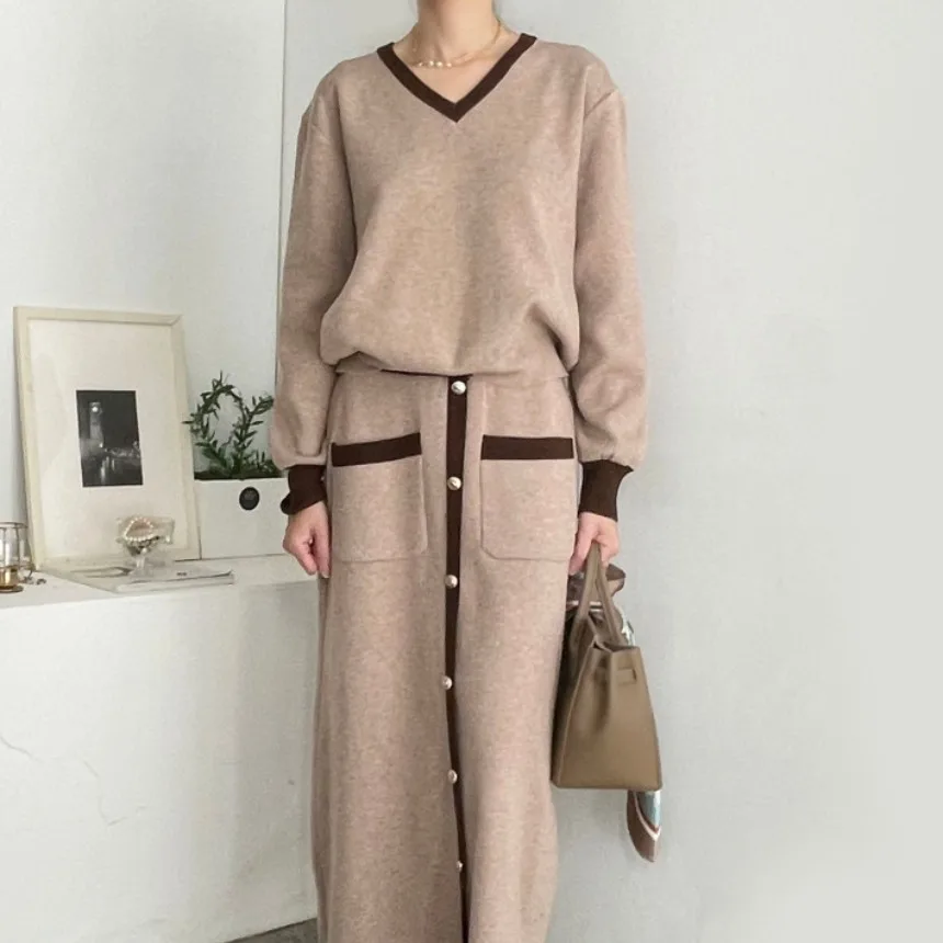 

Ele Осенний вязаный топ с v-образным вырезом, женская облегающая юбка с двойной талией, модная цветная блузка-миди, юбка