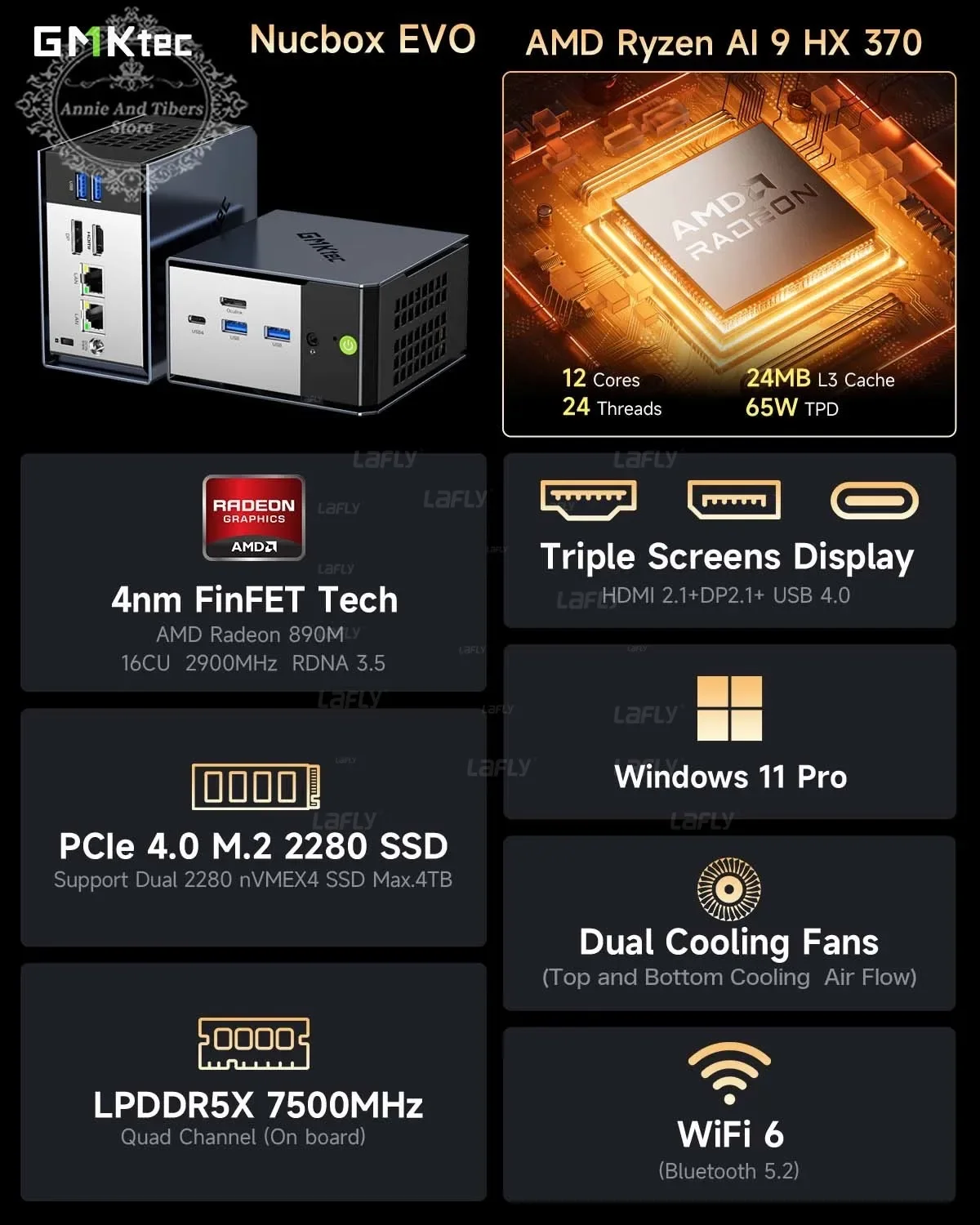 GMKtec EVO-X1 Mini PC AMD Ryzen AI 9 HX370 Windows 11 Pro M.2 SSD