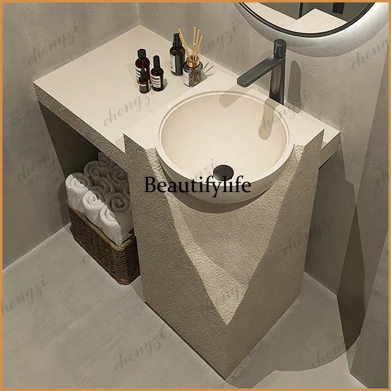 Japanese personalized travertine wash basin square round integrated floor type face wash table creative art column basin