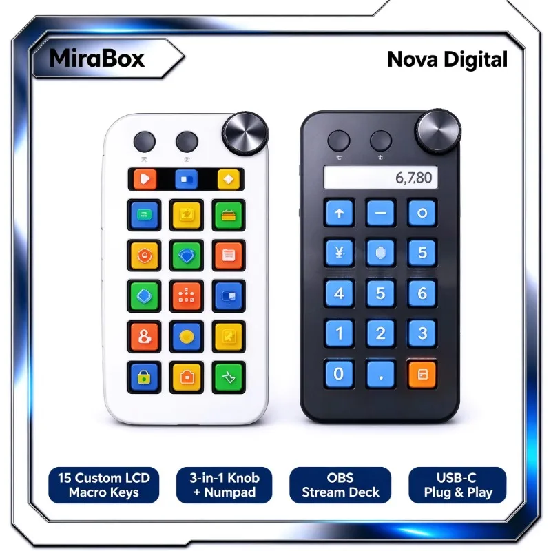 MiraBox N1 3 In 1 Keypad 15 Customizable LCD Keys Knob Numpad Calc OBS Live Video Editing With Backlit Desktop Efficiency Pro