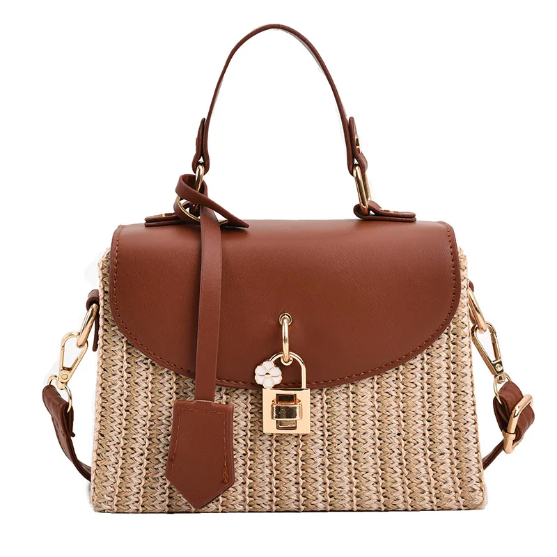 

Fashion Straw Splicing Pu Leather Flap Handbag Hand-woven Box Rattan Women's Crossbody Messenger Bag Casual Summer Beach Bag