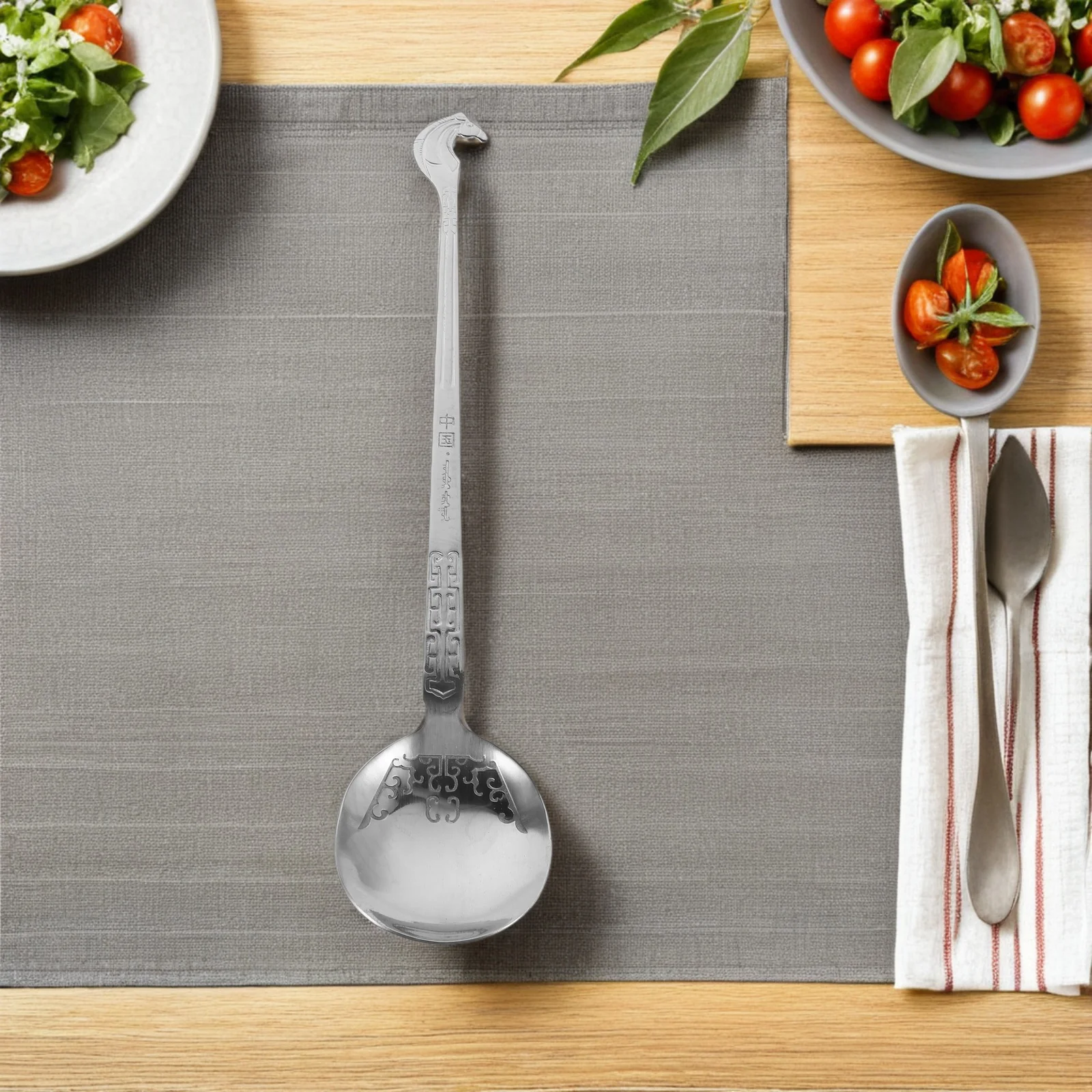 

Ethnic Style Serving Spoon 8.8" Horse Head Stainless Steel Soup Rice Sauce Salad Utensil Commercial Kitchen Restaurant Use