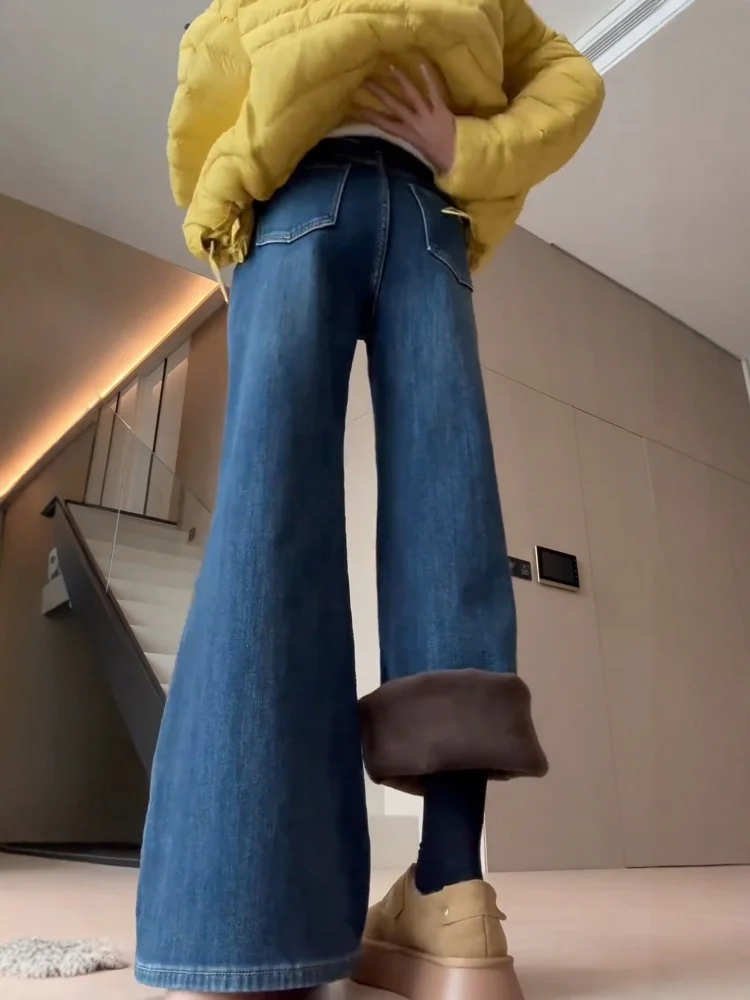 Plus Size Fce Gevoerde Bootcut Jeans Dames Herfst Winter Losse Hoge Taille Afslanken Thi Wijde Pijpen Broek Amerikaanse Sle Rela...