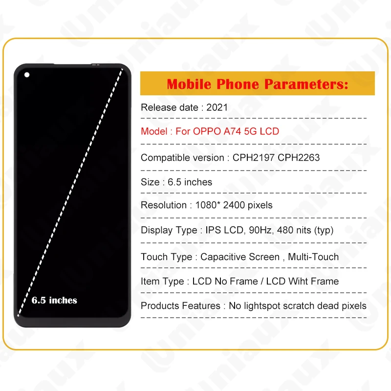 LCD Display Replacement for Oppo A74 5G, Touch Screen Digitizer, Original Display with Frame, CPH2197, CPH2263, 6.5\