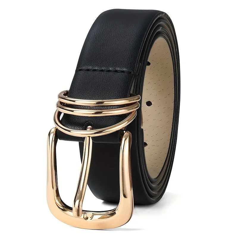 女性用フェイクレザーベルト、ゴールデンオーバルバックル付き - ジーンズ、パンツ、スカート用の調節可能なカジュアルベルト - 耐久性のあるファッションアクセサリー