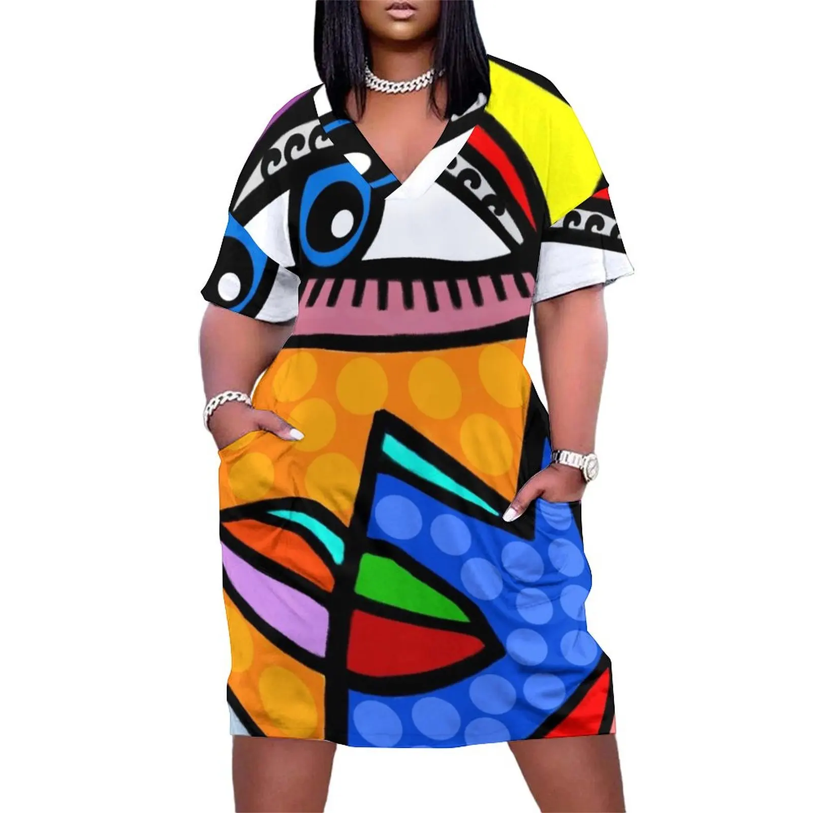 

Funky Abstract Style Art Face with Dots and Stripes Loose Pocket Dress dresses summer purple dress