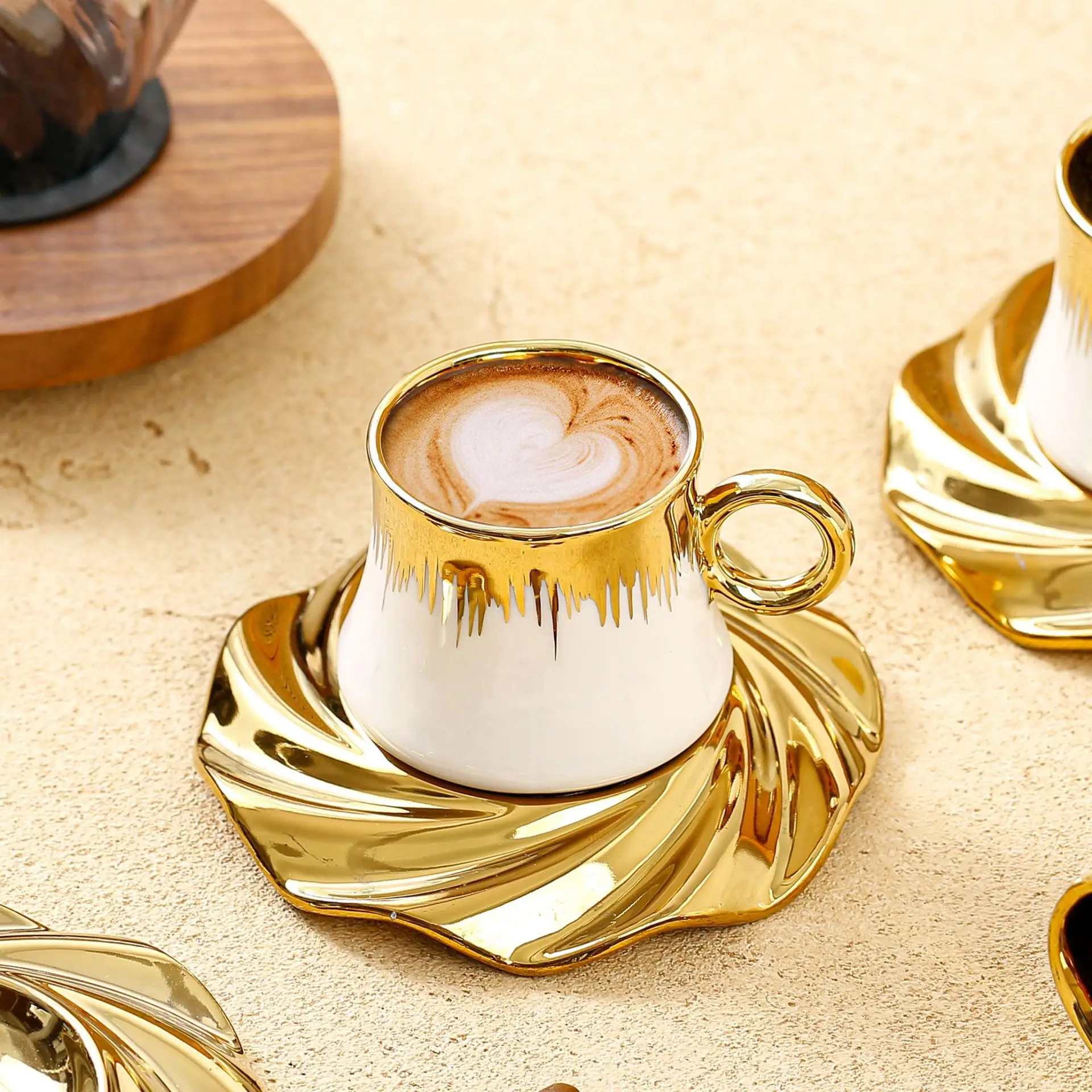 Arabic Porcelain Espresso 90ml Gild Cup and Saucer 6pcs Turkish Cappuccino Latte Tea Ceramic Coffee Cup Set with Gift Box view 4