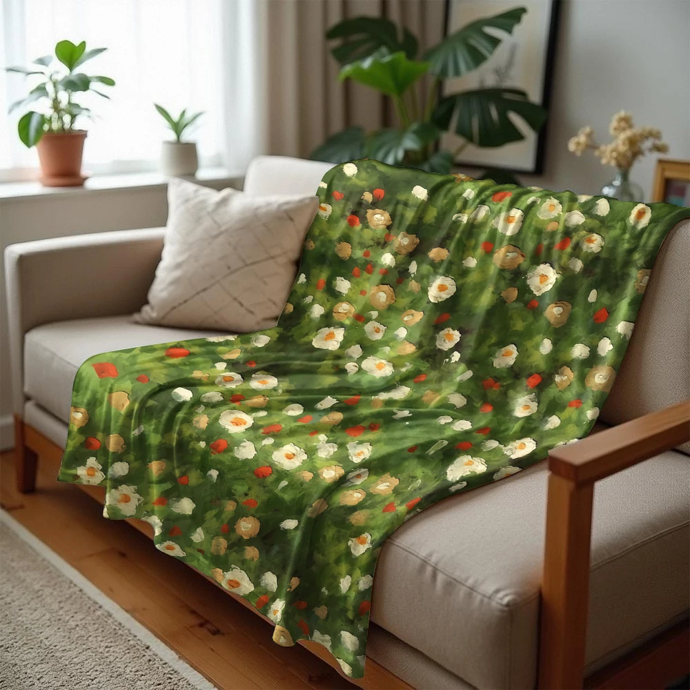Impressionist Floral Field Cartoon Anime Print Flannel Blanket Soft Warm Throw for Kids Bedroom Sofa Bed Christmas Office Car