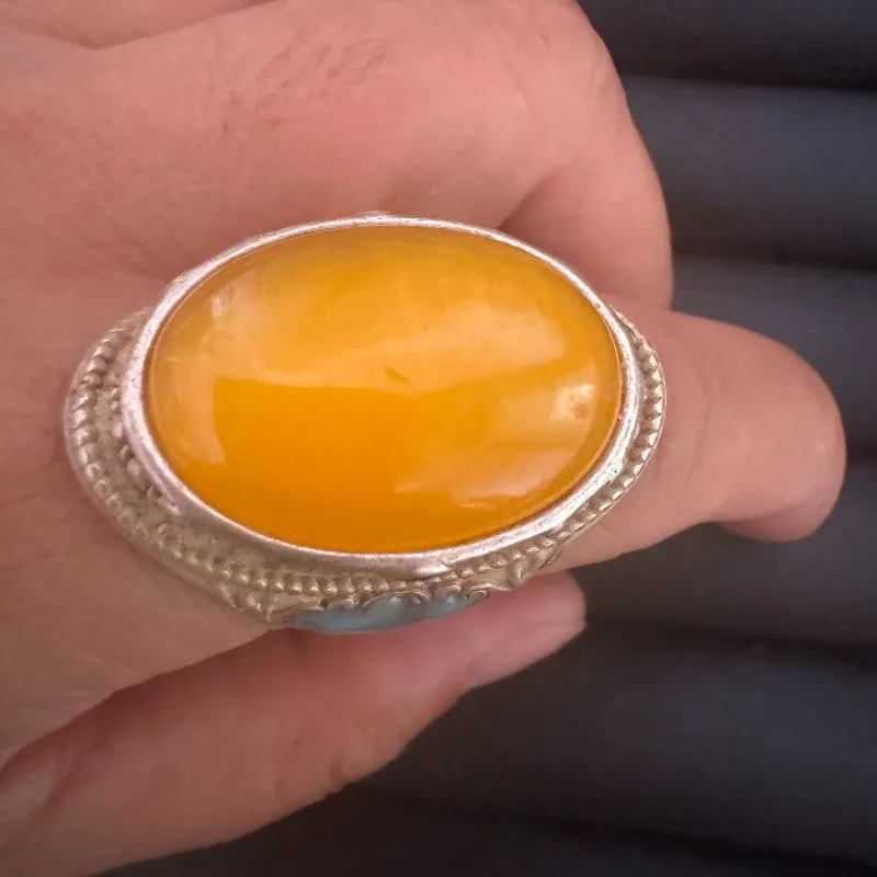 

Antique Tibetan Silver Plated Ring, Cloud Horse Pattern Inlaid Natural Old Jade Gemstone Unisex Ethnic Retro Jewelry