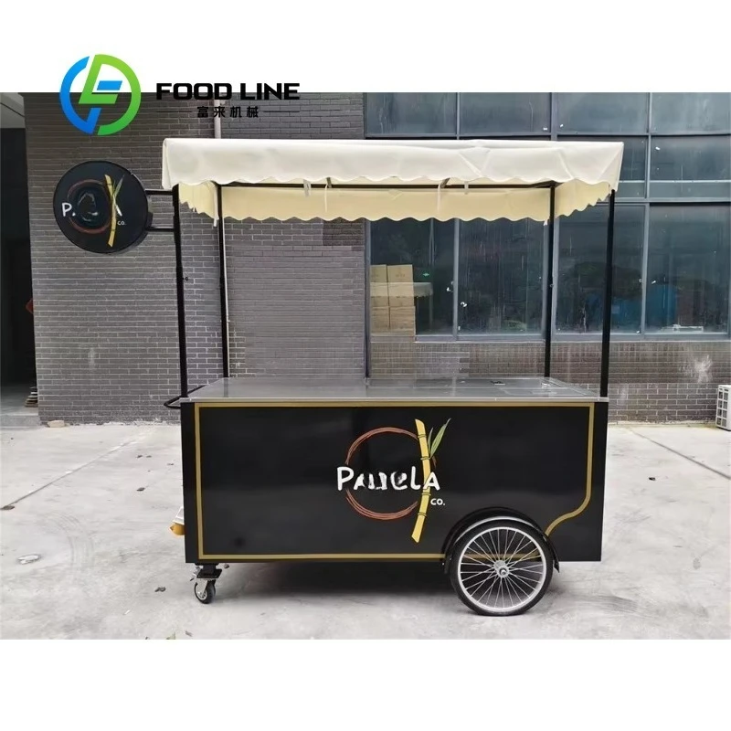 Customized Commercial Stainless Steel Hand Push Mobile Cart With Ice Bin For Ice Cream Snack Outdoor Street Catering