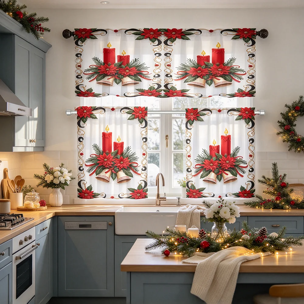 Tier Curtains Set for Kitchen, Poinsettia Candle Bell, Vintage Style, Christmas, with Valance, Cozy Kitchen Window Drapes