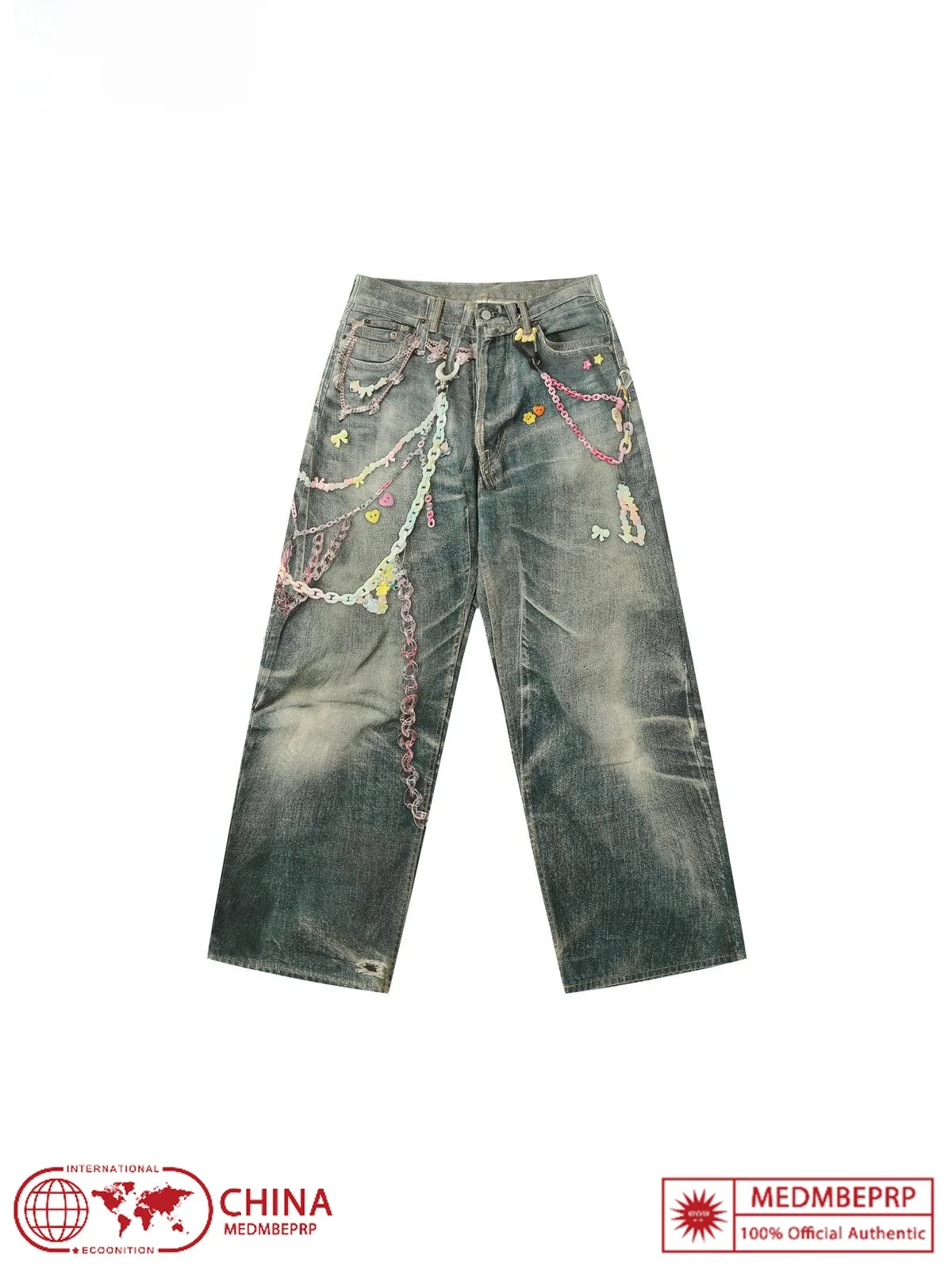 

Джинсы с цифровым принтом и цепными деталями, повседневные прямые брюки для мужчин и женщин, корейский дизайн, летние, дышащие, из смесового хлопка