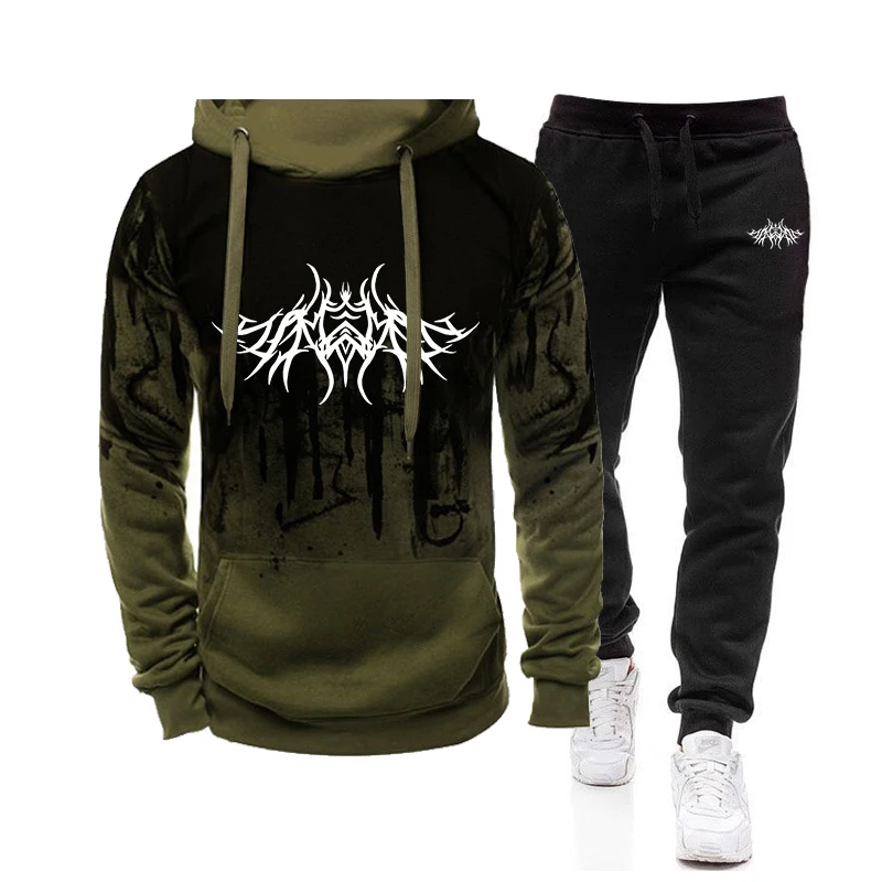 Mens Tracksuit Splash-ink Hooded Sweatshirt Casual Trousers Running Suit Men Sports Two-piece Set Male Fashion Jogging Clothes