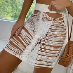 Bohemia Kintted Short Skirt See Through Hollow Out Skirts Ladies Summer Cover Ups Swimwear Bathing Suit Swimsuit Beachdress