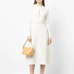 Fashion Criss-Cross Design Women Dress Elegant O-Neck Long Sleeve A-Line Dresses 23341