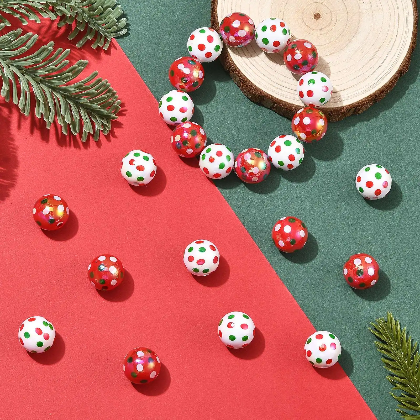 PandaHall 30Pcs UV Plated Iridescent Acrylic Christmas Beads, Round Polka Dot Multicolor 16mm for DIY Jewelry Making