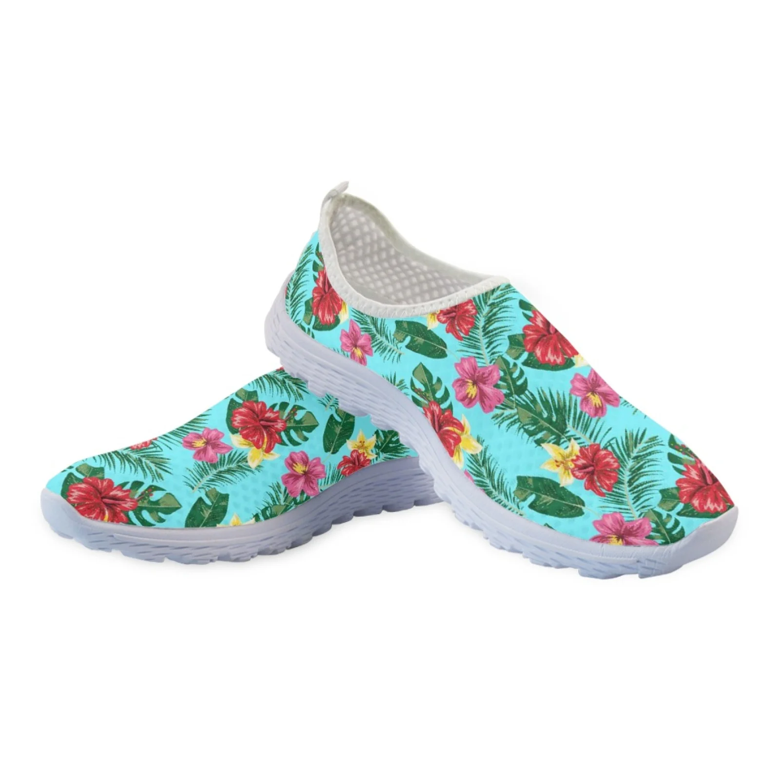 INSTANTARTS Pretty Tropical Flower Printing Women Flat Shoes Summer Breathable Slip-on Mesh Sneakers Lightweight Loafers Zapatos