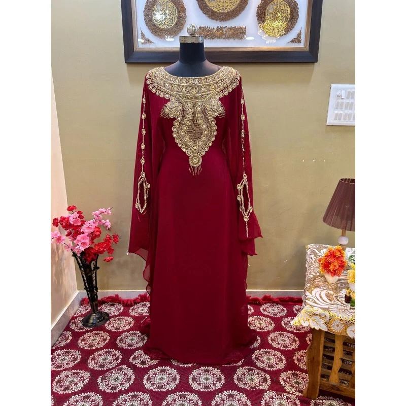 

Maroon Kaftan Gold Beaded African Attire Bridesmaid Wedding Dress