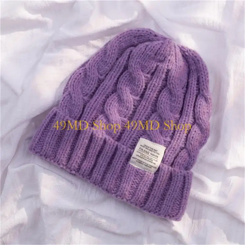 49MD Elastic All-match Patches Hat Casual Thicken Knitted Hats for Women Warm