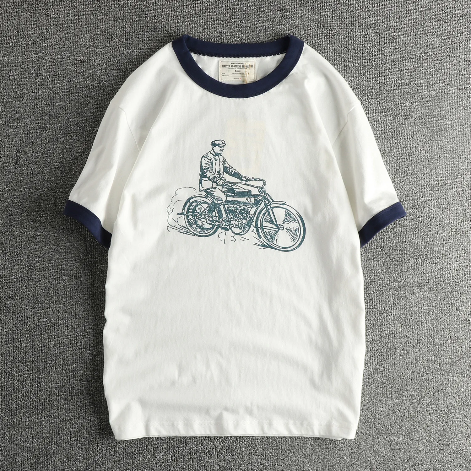 Summer New Men's Blue Red Khaki and White Motorcycle Graphic Print Loose Fit Casual Round Neck Short Sleeve T-shirt